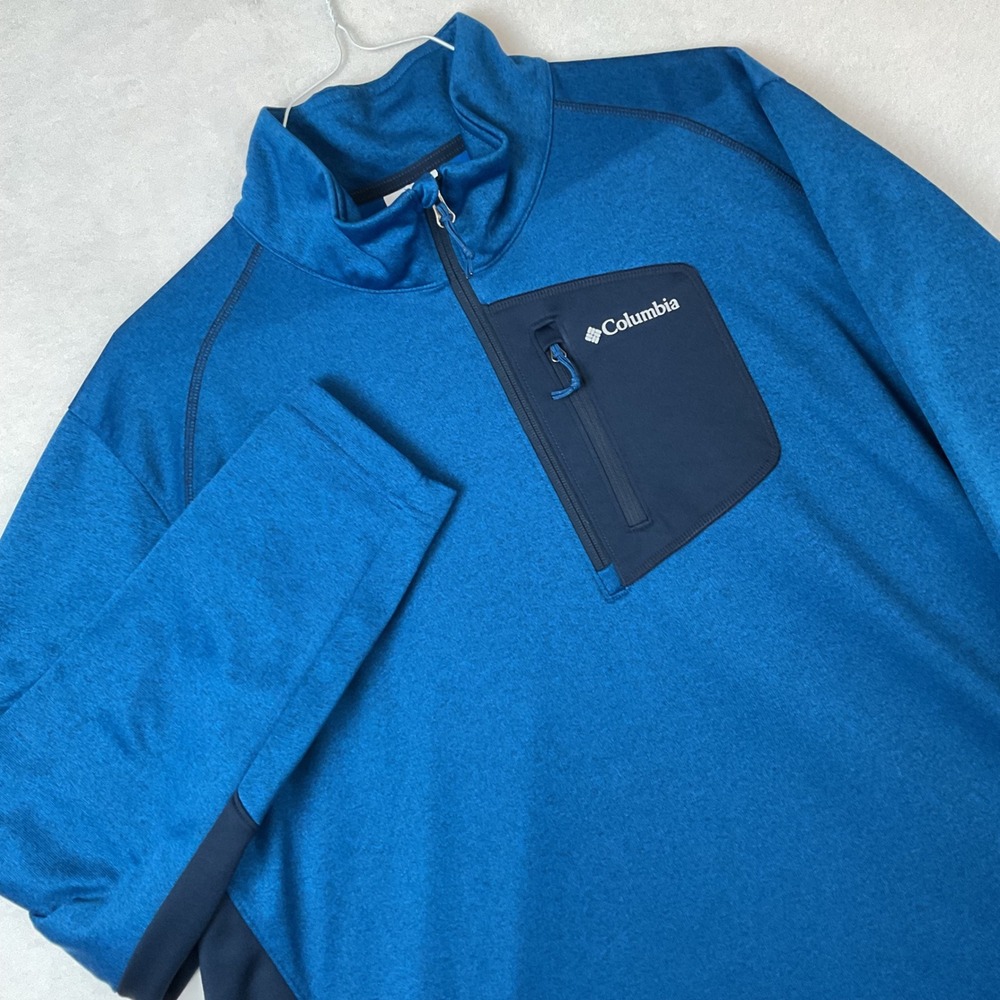 Columbia Mens XXL Blue‎ Heather Quarter Zip Pullover Fleece Jacket Chest Pocket
